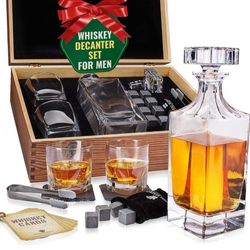 ☆ Whiskey Decanter Gift Set by Royal Reserve – Liquor Bourbon Decanter 24 oz 750 ml with Glasses, Chilling Stones, Coasters and Tong – Whiskey Gifts f