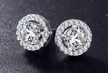 18K WHITE GOLD PLATED SILVER TONE SIMPLE ROUND CRYSTAL EARRINGS STUDS