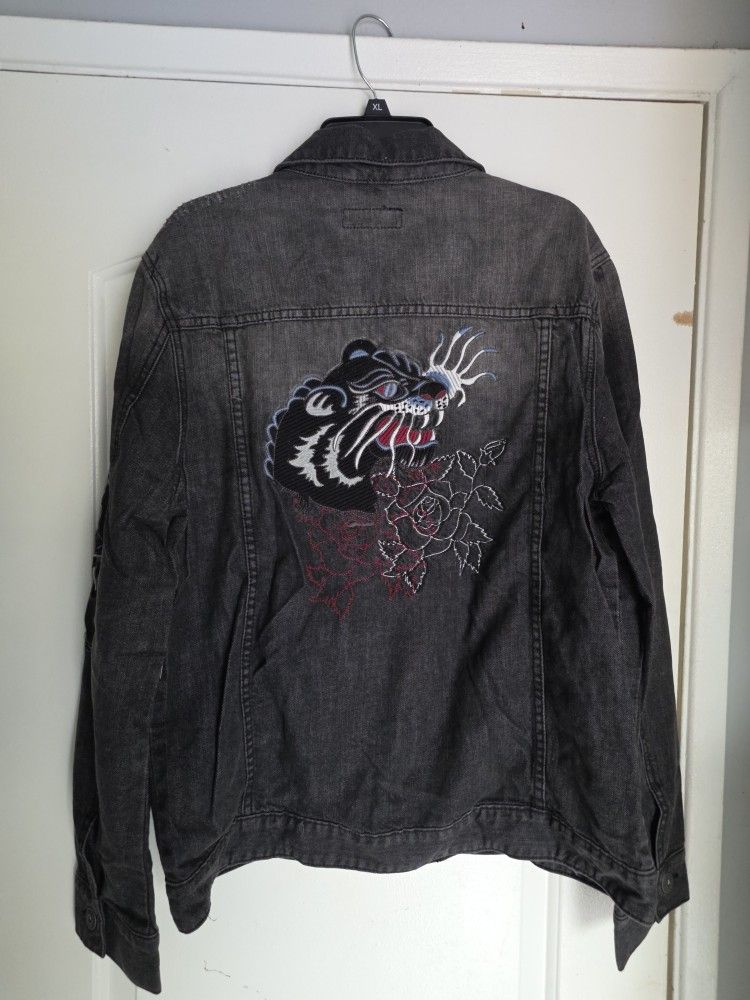Men's Large Denim Trucker Panther Jacket New