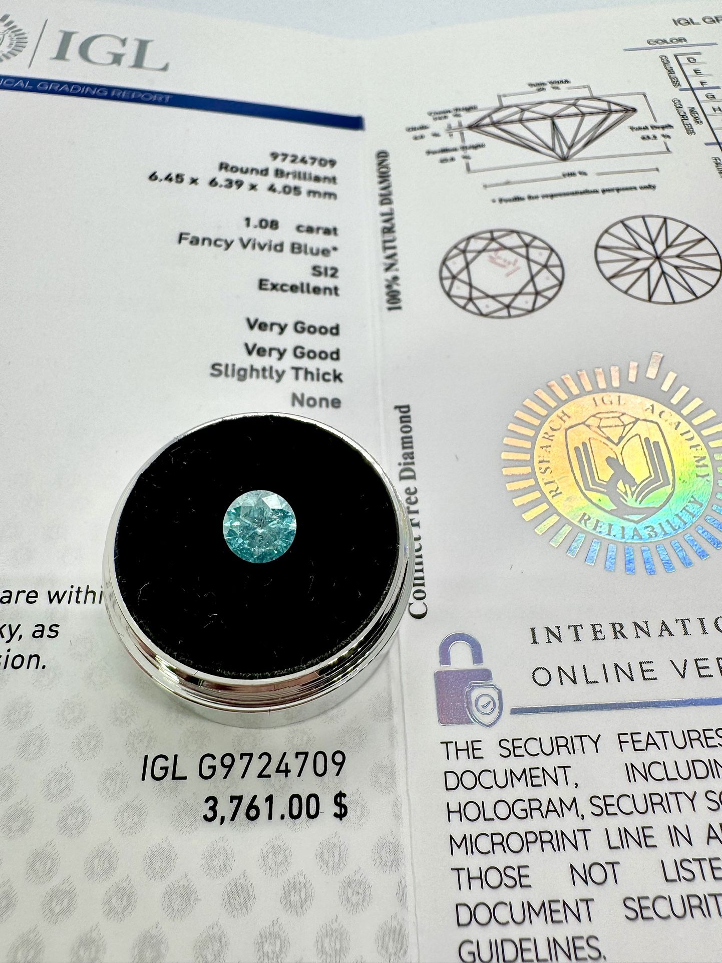 1.08ct Natural Diamond Vivid Blue Certified
