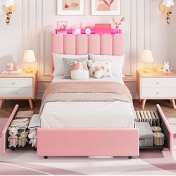 Garvee LED Twin Size Bed Frame with Storage Headboard, Kids Bed Frame with 2 Drawers, Boucle Upholstered Platform Bed for Girls, Chic Wavy Headboard w