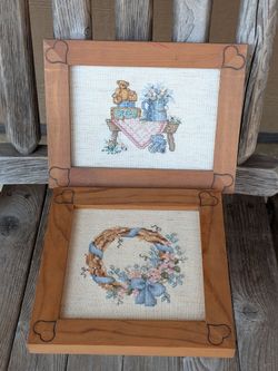Vintage Hand Crafted Charming Cross Stitch Needlepoint Rustic Set Of 2 Country CottageCore Wall Art