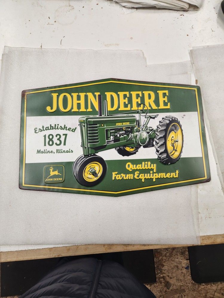 Retro John Deere Farm Tractor Equipment Embossed Metal Sign