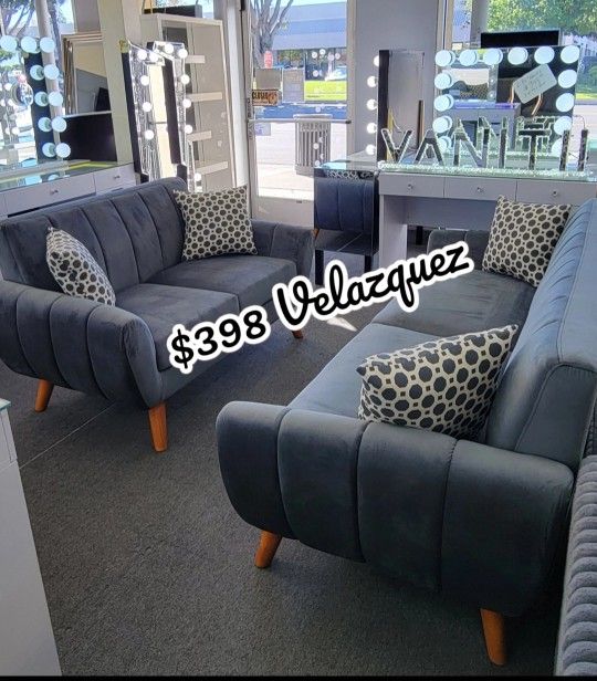 ✅️✅️2 pc dark grey velvet fabric mid century modern sofa and love seat set Langley street wooten✅️
