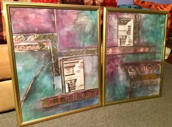 Vintage Collectible Framed Abstract Wall Art Painting Joyce J. Combs 24"x30" w/ Metallic Gold (2)