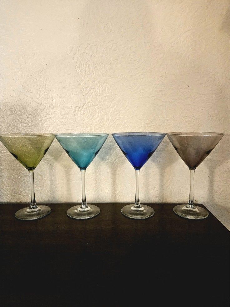 Set Of Four Multi-Color Glass Martini Cocktail Glasses