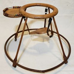 Antique Vintage Wood Leather Spring Baby Walker Stroller Doll Collector Use