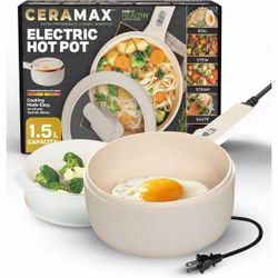 Ceramax Electric Hot Pot 1.5L Nonstick Ceramic Skillet Pan, Electric pot Mini Cooker with Lid, Hot Pot Electric Steamer for Frying Eggs Ramen, Electri