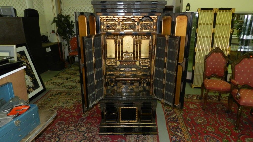 Antique Japanese Gilt & Black Lacquer Buddhist Shrine Cabinet Altar
