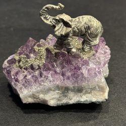 Heavy Natural Amethyst Crystal w/ Pewter Elephant Paperweight Healing Spiritual Reiki. Approximately 3” x 2” & 9oz weight.