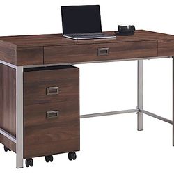 47"W Computer Desk With Mobile File Cabinet, Brown