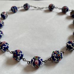 VINTAGE ITALIAN MURANO WEDDING CAKE  ROYAL BLUE  GOLD GLASS BEAD NECKLACE