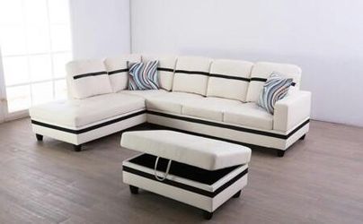 Brand New White Leather Sectional Set With Decorative Pillows & Storage Ottoman