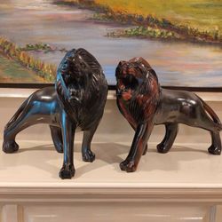 Large Lion Sculpture Pair Facing each other Carved Wood Heavy