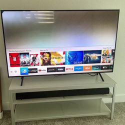 Samsung 55" QLED TV + Samsung Sound bar + TV stand (glass panels)
