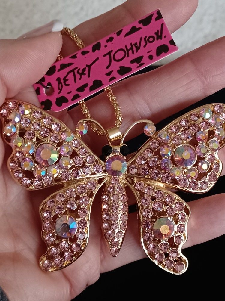 Bestey Johnson Swarovski CRYSTALS Pink Butterfly Necklace