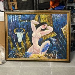 Large Signed Original Modern Nude Painting in Ornate Gold Frame