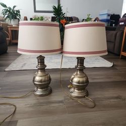 2 Brass  24" Table Lamps With Cream, Burgundy Shades