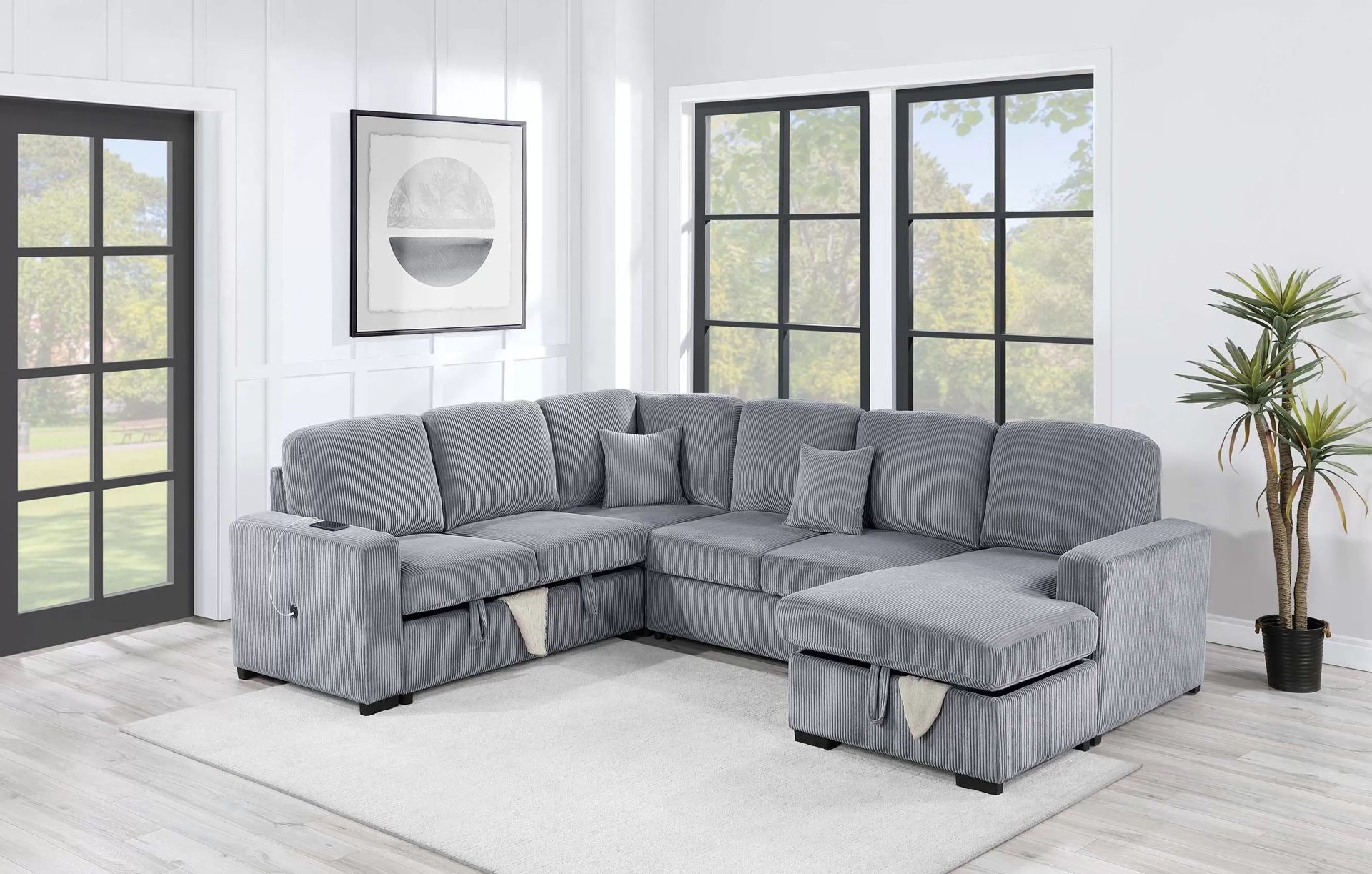 Gray Sofa Sectional w/ Pull- Out Sleeper & Storage 