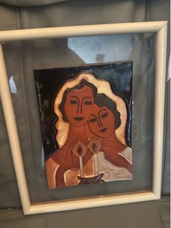 Modernist Yair 1994 light Shabbat candles Bas Relief Ceramic Plaque Tile Signed by Jewish artist Yair
