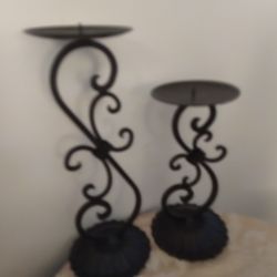 2 ROUND BLACK METAL CAST IRON SCROLL PILLAR CANDLE HOLDERS