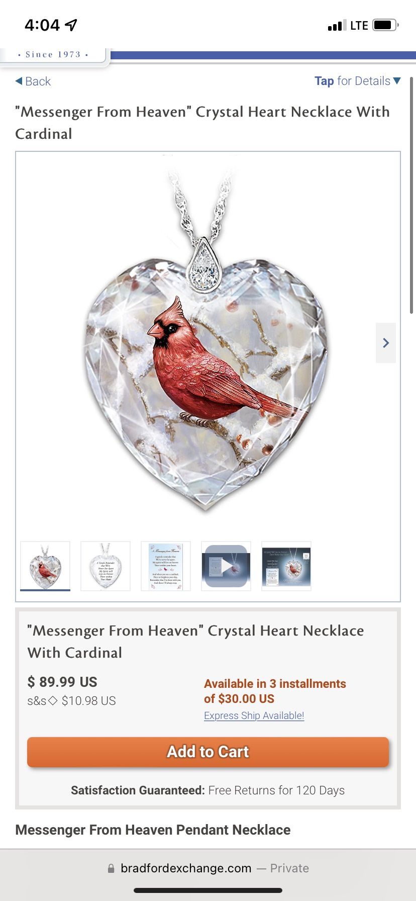 "Messenger From Heaven" ' Crystal Heart Necklace With Cardinal