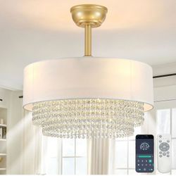 NEW 19.7" Modern Crystal Bladeless Ceiling Fan with Light & App/Remote Control, Dimmable Gold LED Fandelier for Bedroom