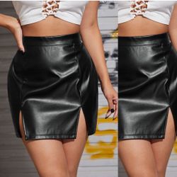 SHEIN NWOT Sexy High Waist Notch Hem Leather A-Line /two front slits L