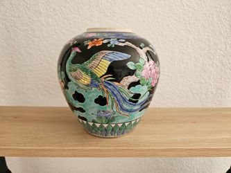 Vintage Asian Style Ceramic Vase Peacock + Floral Theme