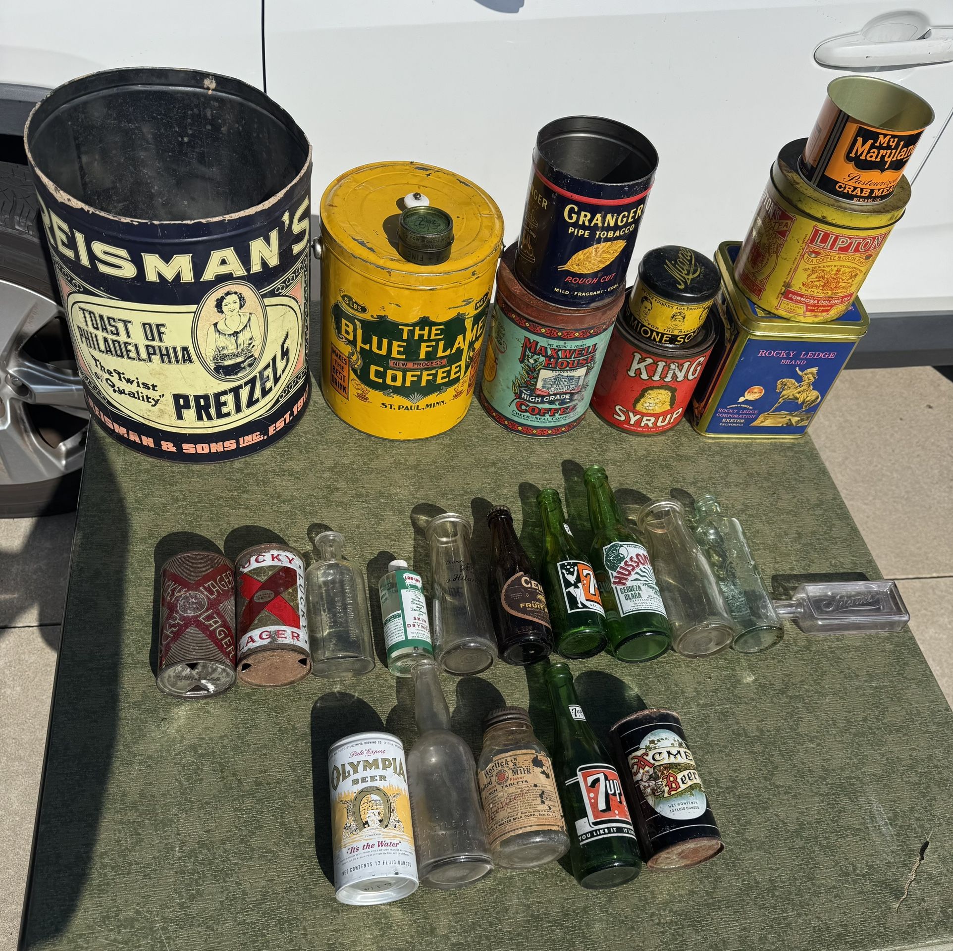Vintage Antique Tin Cans Coffee Cans Old Glass Bottles