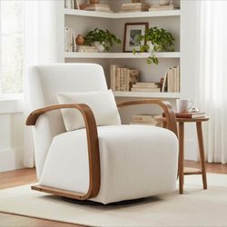 Homy Casa Swivel Accent Chair with Curved Wood Arms, Faux Leather,Beige$200
