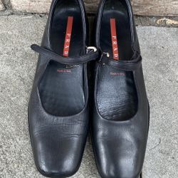 Prada Sport Mary Jane Square Toe Leather Pumps, Black Women Size 39 USED 
