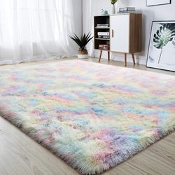 Soft Rainbow Area Rugs for Girls Room, Fluffy Colorful Rugs Cute Floor Carpets Shaggy Playing Mat for Kids Baby Girls Bedroom Nursery Home Decor, 4ft