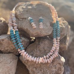 turquoise/Coral Shells double Strand Necklace And Earring Set