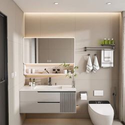 35.3 in. W x 27.5 in. H Rectangular Aluminium Surface Mount Medicine Cabinet with Mirror LED Light, with Storage Rack