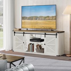 TV Stand for TVs up to 65 Inches, Farmhouse Entertainment Center with Sliding Barn Doors, TV Console Table for Living Room, Rustic White and Honey Bro