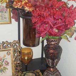 TRINKET KNICKKNACK KEEPSAKE JEWELRY BOX BRONZE AMBER GLASS MOSAIC FLOWER VASE FLORAL ARRANGEMENT 