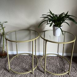 Round Side Table Set Of 2, Glass End Table With Metal Frame, Gold Coffee Table With Modern Style