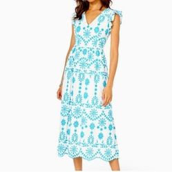 Lilly Pulitzer $328 Lillyanne Neon Turquoise Oasis Tie Back Midi Dress