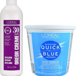 L'Oreal Technique Quick Blue Powder Bleach Extra Strength 1lb w/30 Volume Oreor Developer 16oz Bundle