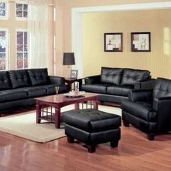Brand New Black Breathable Leatherette Sofa and Love Seat Set