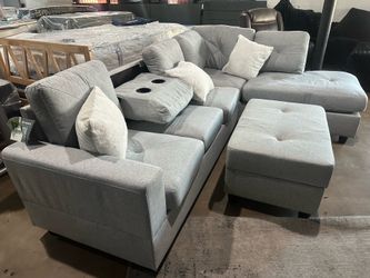 Clearance Sale ⭐️ Last In Stock ⭐️ New Beautiful Modern L-Shape Gray Sectional Sofa With Cup Holders⭐️ Finance With $0 Down ⭐️ FREE Ottoman ⚡️Address: