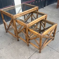 Set of Vintage Chippendale Style Bamboo & Rattan with Glass Tops Nesting Tables 