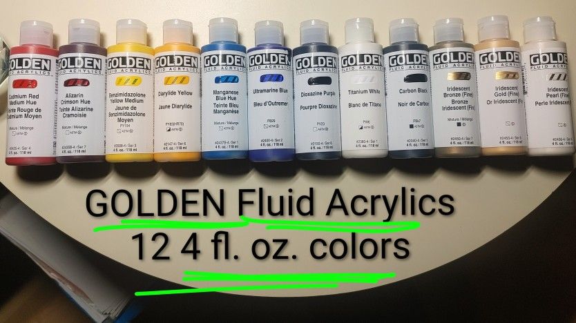 12 GOLDEN Fluid Acrylics 
4 fl. oz. bottles. 
ALL BRAND NEW!!!!!
