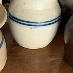 Vintage Blue Stripe Farmhouse Stone Crock Pitcher Rustic