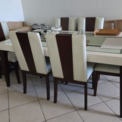 Dining Set: White & Mahogany 6 Chairs with Glass Table