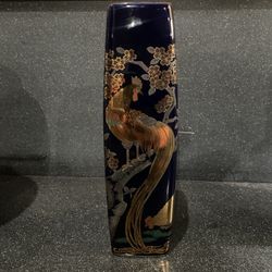 Dark Blue Vase W Gold Peacok And Flowers Detail Flower Vase 