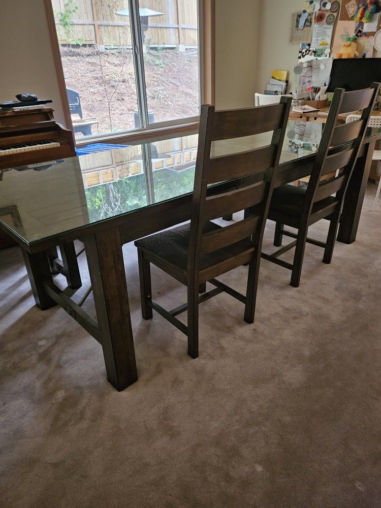 Dark Wood Dining Table with Custom Glass Top, Bench, And Chairs