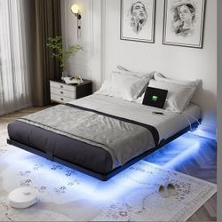 OLEVS Floating Bed Frame Full Size with Smart LED Lights and Charging Station - Modern Metal Platform Bed, Easy Assembly No Box Spring Needed 