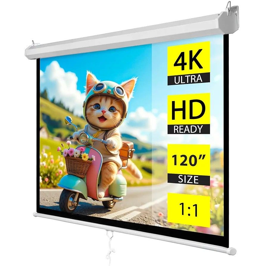 120'' Projector Screen Manual Pull Down, 1:1 Indoor Outdoor Projection Screen Moive Screen, Retractable Video Screen for Home Theater Office (120'' Wh